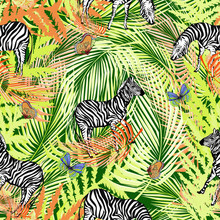 Raster Pattern With Tropical  Leaves, Butterflies And Zebra