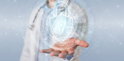 Fototapete - Scientist  using digital padlock security interface to protect datas 3D rendering