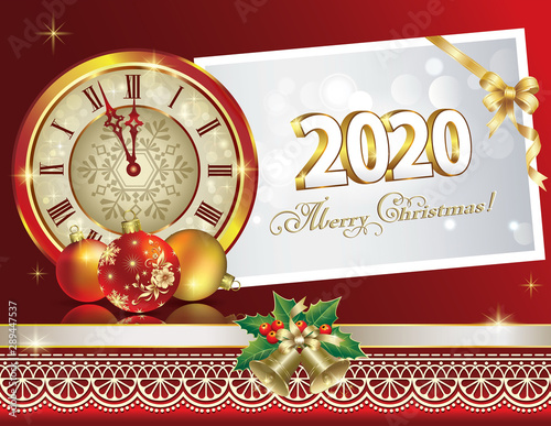 Merry Christmas 2020. Vector design new year card with clock and balls, paper for text on red ...