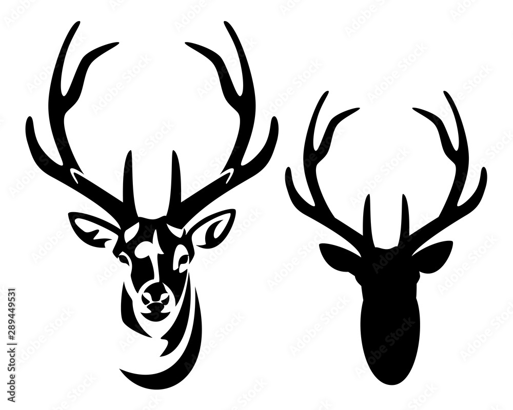 wild deer stag head with big antlers front view black and white vector silhouette and outline - obrazy, fototapety, plakaty 