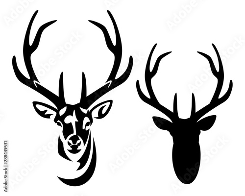 Fotografía wild deer stag head with big antlers front view black and white vector silhouett