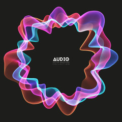 Poster - Vector 3d echo audio circular wavefrom spectrum. Abstract music waves oscillation graph. Futuristic sound wave visualization. Colorful glowing impulse pattern. Synthetic music technology sample.