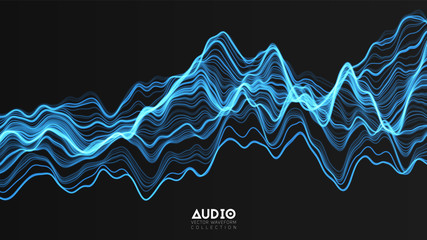 Poster - Vector 3d echo audio wavefrom spectrum. Abstract music waves oscillation graph. Futuristic sound wave visualization. Blue glowing impulse pattern. Synthetic music technology sample.