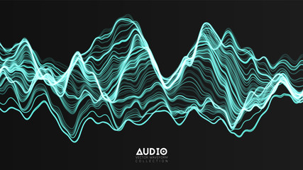 Poster - Vector 3d echo audio wavefrom spectrum. Abstract music waves oscillation graph. Futuristic sound wave visualization. Green glowing impulse pattern. Synthetic music technology sample.