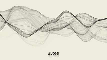 Poster - Vector 3d echo audio wavefrom spectrum. Abstract music waves oscillation graph. Futuristic sound wave visualization. Black and white line impulse pattern. Synthetic music technology sample.