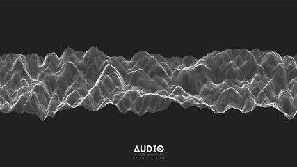 Poster - Vector 3d echo audio wavefrom spectrum. Abstract music waves oscillation graph. Futuristic sound wave visualization. Black and white line impulse pattern. Synthetic music technology sample.