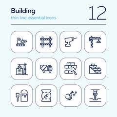 Sticker - Building line icons. Set of line icons on white background. Building blocks, cement, truckload. Construction concept. Vector illustration can be used for topics like building, house, development