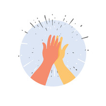 Two Hands Giving A High Five For Great Work. Vector Illustration Of Friendship And Giving A High Five As A Symbol Of Great Work Achievement. People Team Give Hand Slapping