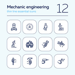 Sticker - Mechanic engineering icons. Set of line icons on white background. Worker, equipment, drill. Job concept. Vector illustration can be used for topics like working, mechanic, industry