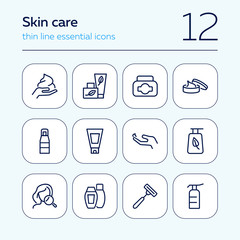 Poster - Skincare icon. Set of line icons on white background. Hand cream, body lotion, shaving razor. Beauty products concept. Vector illustration can be used for topics like beauty, cosmetics, bodycare