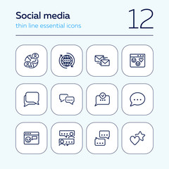 Aufkleber - Social media communications line icon set. Set of line icons on white background. Chatting, message, typing. Internet concept. Vector illustration can be used for topics like web, communication