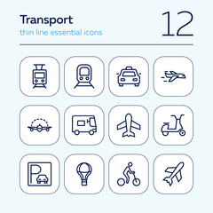 Sticker - Transport line icon set. Set of line icons on white background. Airplane, bicycle, car. Travel concept. Vector illustration can be used for topics like tourism, active lifestyle