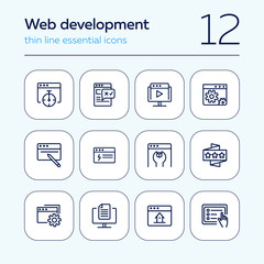 Poster - Web development icons. Set of line icons on white background. Homepage, setting folder, webinar. Computer using concept. Vector illustration can be used for topic like internet, technology, web design