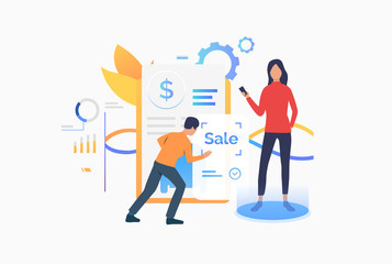 Sticker - Man and woman buying at online cash terminal. Purchase checkout, isometric, atm. Online cashier concept. Vector illustration for website, landing page, online store