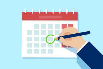 Vector of a businessman hand with pen marking important day on calendar.