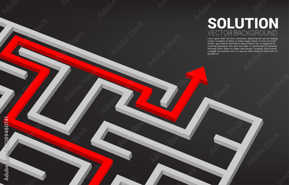 Arrow with route path to exit the maze. Business concept for problem solving and solution strategy - obrazy, fototapety, plakaty 