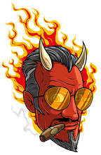 Cartoon Colorful Smiling Sly Red Burning Devil Man Character In Sunglasses With Horns And Cigar. Isolated On White Background. Halloween Vector Icon.