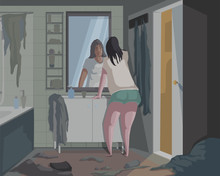 Depressed Woman Looks At The Mirror In Messy Bathroom. Apathy, Loneliness And Despair Emotions. Vector Illustration