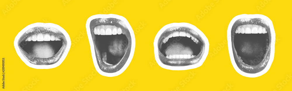 Collage of contemporary art in the style of a magazine with a set of female emotional lips. Closeup mouth girl expressing various emotions. Black and white tones colorful yellow background   - obrazy, fototapety, plakaty 