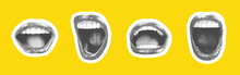Collage Of Contemporary Art In The Style Of A Magazine With A Set Of Female Emotional Lips. Closeup Mouth Girl Expressing Various Emotions. Black And White Tones Colorful Yellow Background  