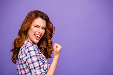 photo of pretty foxy lady champion winking eye raising fist well done job wear plaid casual shirt is