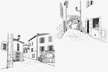 Two pictures with nice old streets in romantic Provence, France. Urban sketches