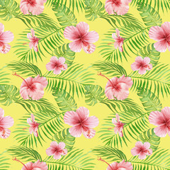 Wall Mural - Seamless hand drawn Watercolor Tropical Pattern. Exotic hibiscus flower, palm and monstera leaves on yellow background.