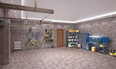 Large garage with brown marble tiles, 3d illustration