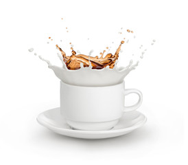 Sticker - milk coffee splash in white cup isolated