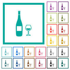 Wall Mural - Wine bottle and glass flat color icons with quadrant frames