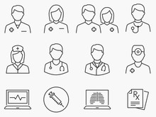 Doctor And Nurse Line Icons Set. Black Vector Illustration. Editable Stroke.