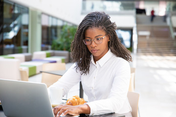 Wall Mural - Focused successful professional having breakfast in cafe. Business woman using laptop in coffee shop. Modern technology concept