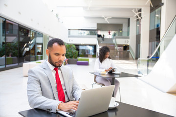 Wall Mural - Serious confident entrepreneur using laptop in office building hall. Business man sitting at table, working on computer, young woman using gadget in background. Wi-Fi concept