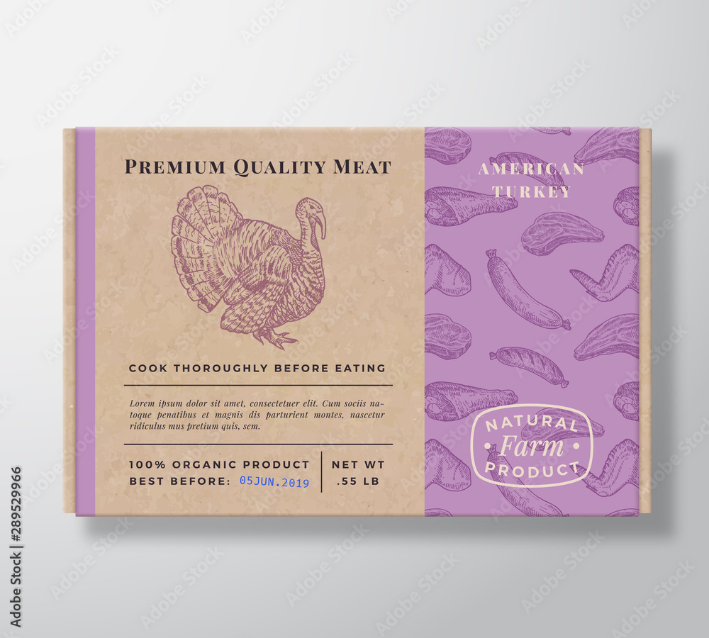 Meat Pattern Realistic Cardboard Box Container. Abstract Vector Packaging Design or Label. Modern Typography, Hand Drawn Turkey Silhouette. Craft Paper Poultry Background Layout. - obrazy, fototapety, plakaty 