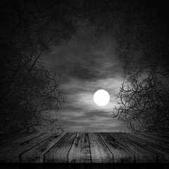 Wall Mural - 3d halloween background with wooden table looking out to spooky landscape