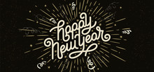 Happy New Year Lettering with burst rays. Holiday Vector Illustration. Lettering Composition And Light Rays Or Sunburst