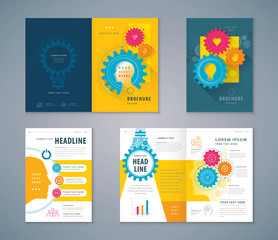 Wall Mural - cover book design set, human head with light bulb background vector template brochures, cogwheel gea