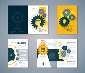 Wall Mural - Cover Book Design Set, Human head with Light Bulb Background vector Template Brochures, Cogwheel Gears in progress