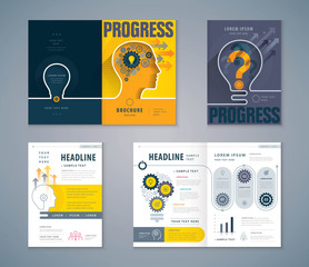 Wall Mural - cover book design set, human head with light bulb background vector template brochures, cogwheel gea