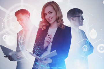 Poster - Successful business partners, hi tech interface