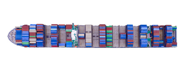 Wall Mural - Aerial top view of container cargo ship in the export, import business, logistics and transportation concept with international goods isolated on white background. Clipping path inside.