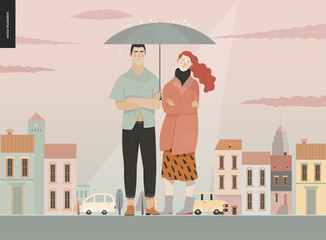 Wall Mural - Rain - standing couple -modern flat vector concept illustration of a young ginger woman and brunette man with umbrella, standing in the rain in the street, in front of city houses and cars