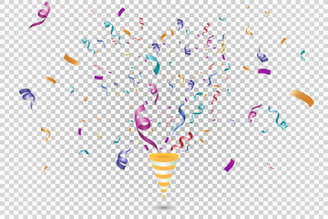 Poster - Lots of colorful tiny confetti and ribbons on transparent background. Festive event and party. Cone with confetti. Colorful bright confetti isolated on transparent background.