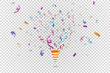Poster - Lots of colorful tiny confetti and ribbons on transparent background. Festive event and party. Cone with confetti. Colorful bright confetti isolated on transparent background.