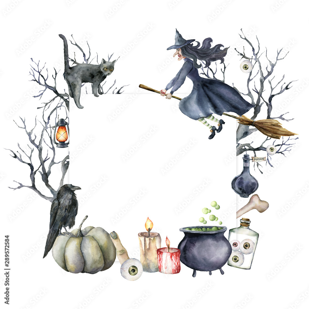 Watercolor halloween card with witch and crow. Hand painted holiday ...