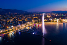 Aerial  Night View Of Geneva City Water Fountain In Switzerland