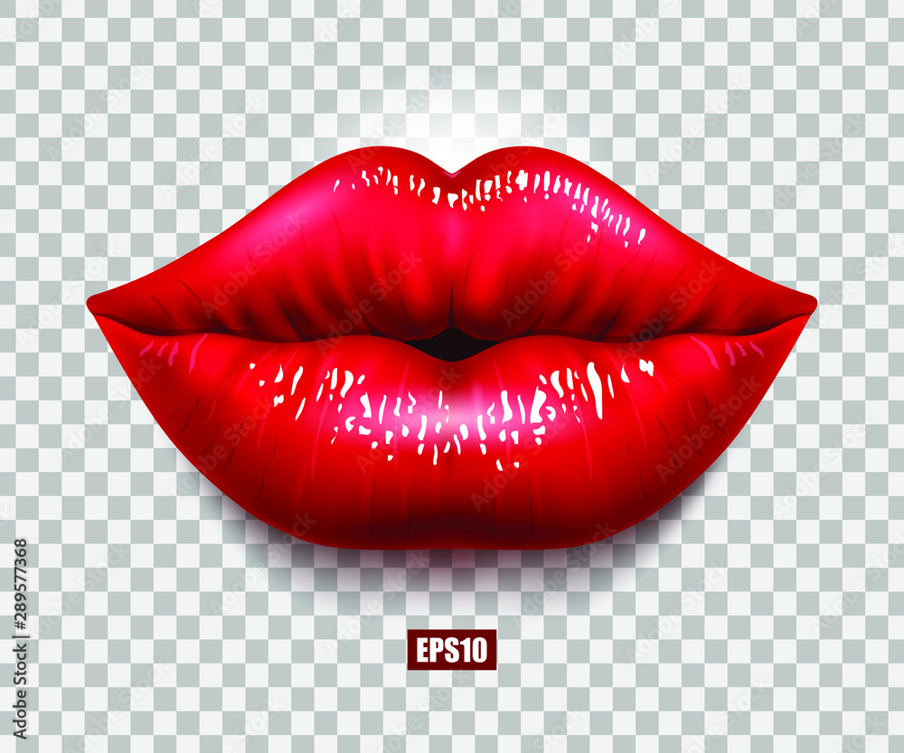 Red sexy female lips isolated on a transparent background, an air kiss, beautiful lips, beauty, red lipstick, cosmetics. 3D effect. VectorEPS10 - obrazy, fototapety, plakaty 