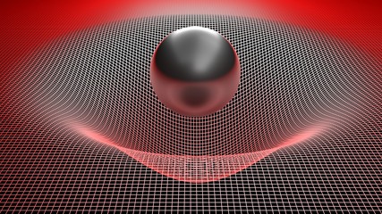 Poster - Black glossy sphere over a curved grid - 3D rendering illustration