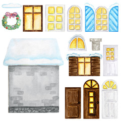 Wall Mural - Cute cartoon gray winter house, white and dark wooden windows, doors, christmas decorations constructor on white background. Watercolor elments set Perfect for creating your house design.