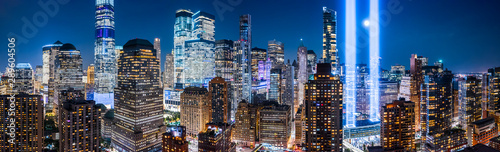 Obraz na plátně  Drone view panorama of downtown New York City skyscrapers on September 11